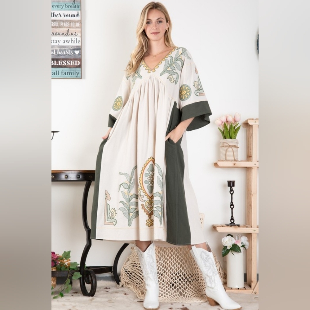 👜*Boutique* Boho Embroidered Holiday Cotton Dress, Winter Boho Oversized Dress